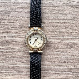 Vintage Revlon Rhinestone Bezel Quartz Watch Black Lizard Strap Not Working